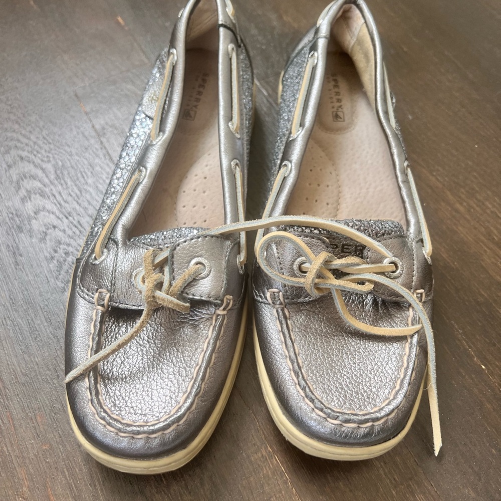 Sperry sparkly silver boat shoes